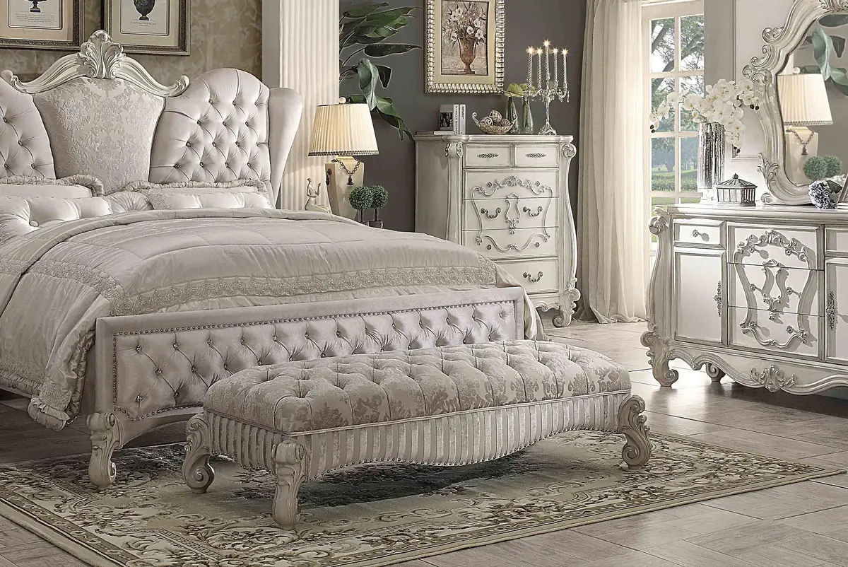 Versailles Ivory Fabric & Bone White Bench 1