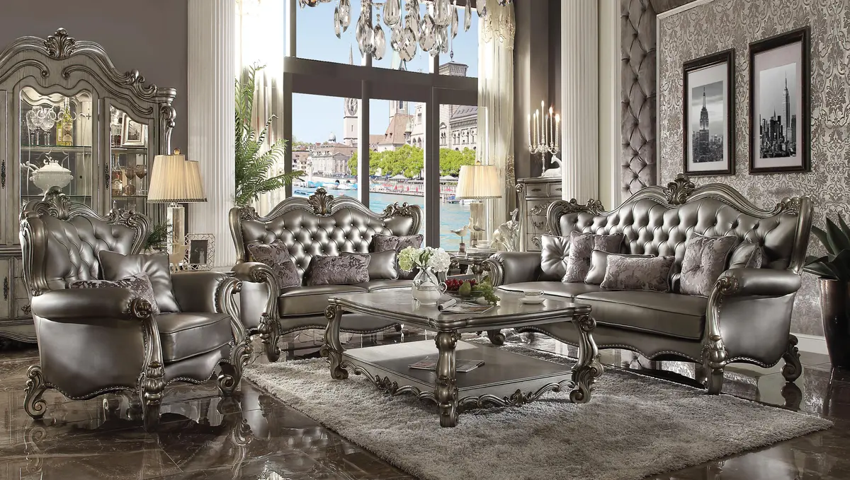 Versailles Silver Pu & Antique Platinum Sofa W/6 Pillows 1
