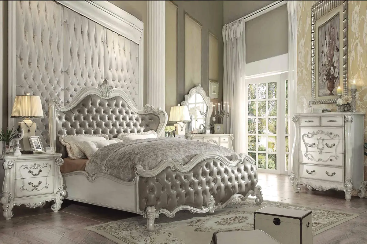 Versailles Vintage Gray Pu & Bone White Queen Bed 1
