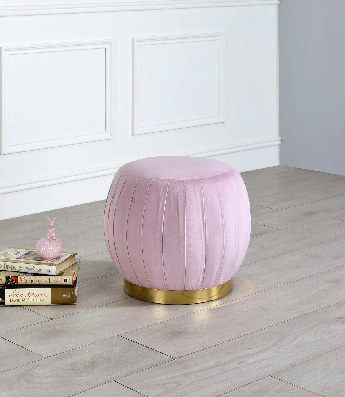 Zinnia Pink Carnation Velvet & Gold Ottoman 1