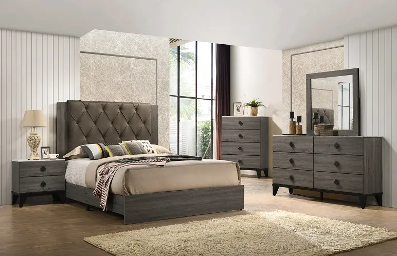 Avantika Fabric & Rustic Gray Oak Eastern King Bed 1