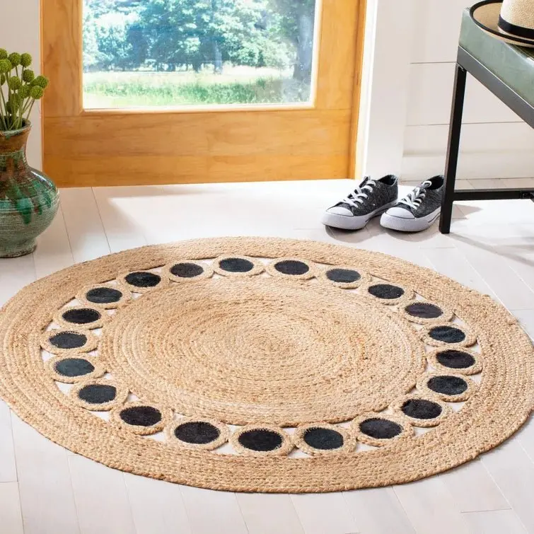 Combs- Round Jute Beige Black Rug 1