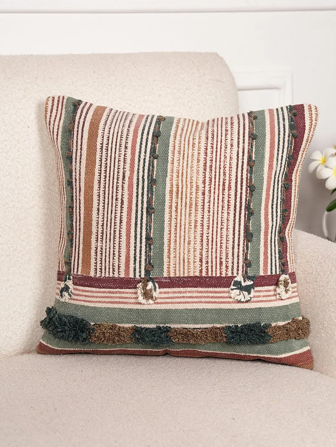 Linear Tufted Elegance - Block Printed Square Cushion Cover 4