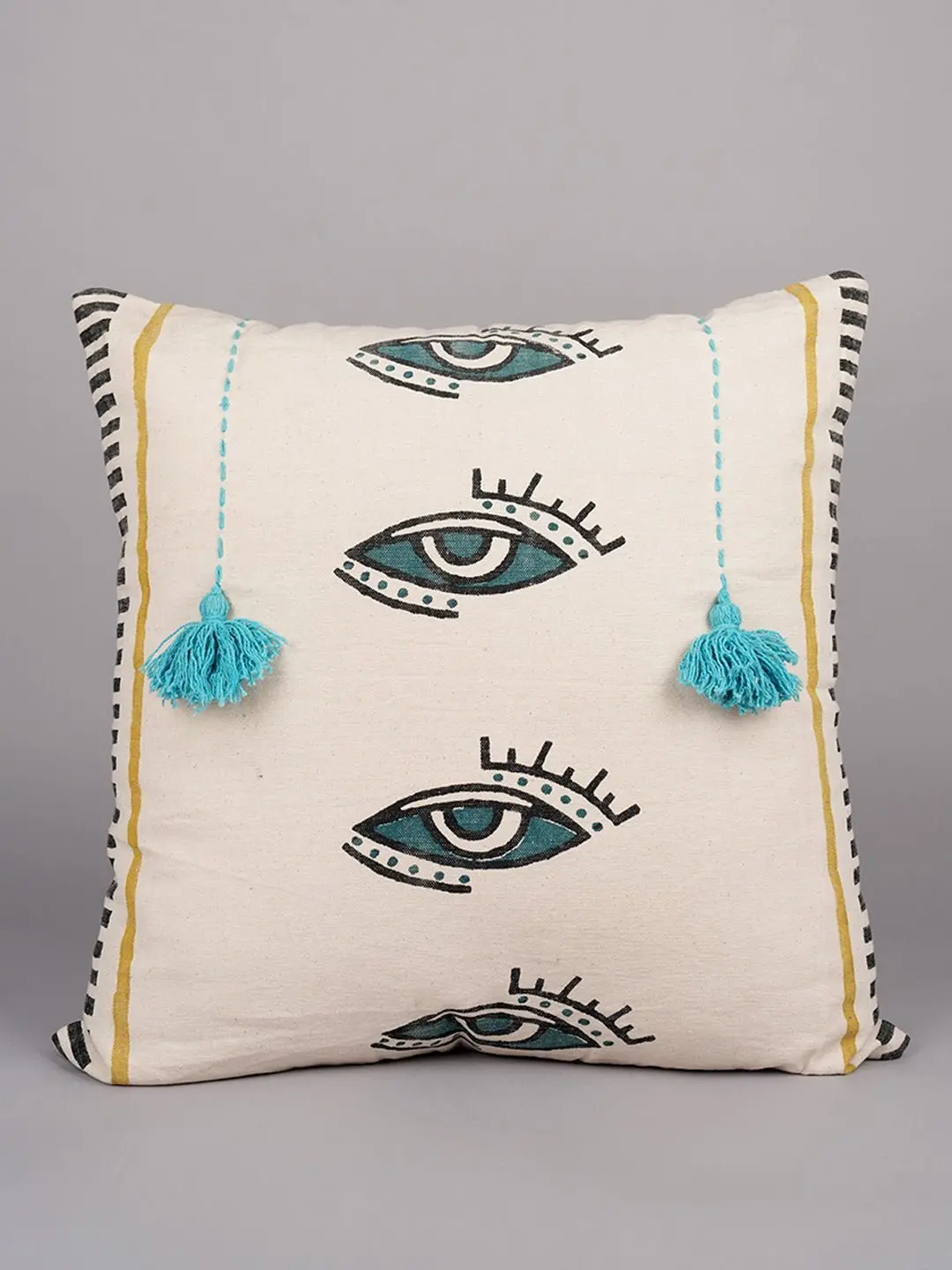 Mystical Gaze & Tassel  - Block Printed Square Cushion Cover 1