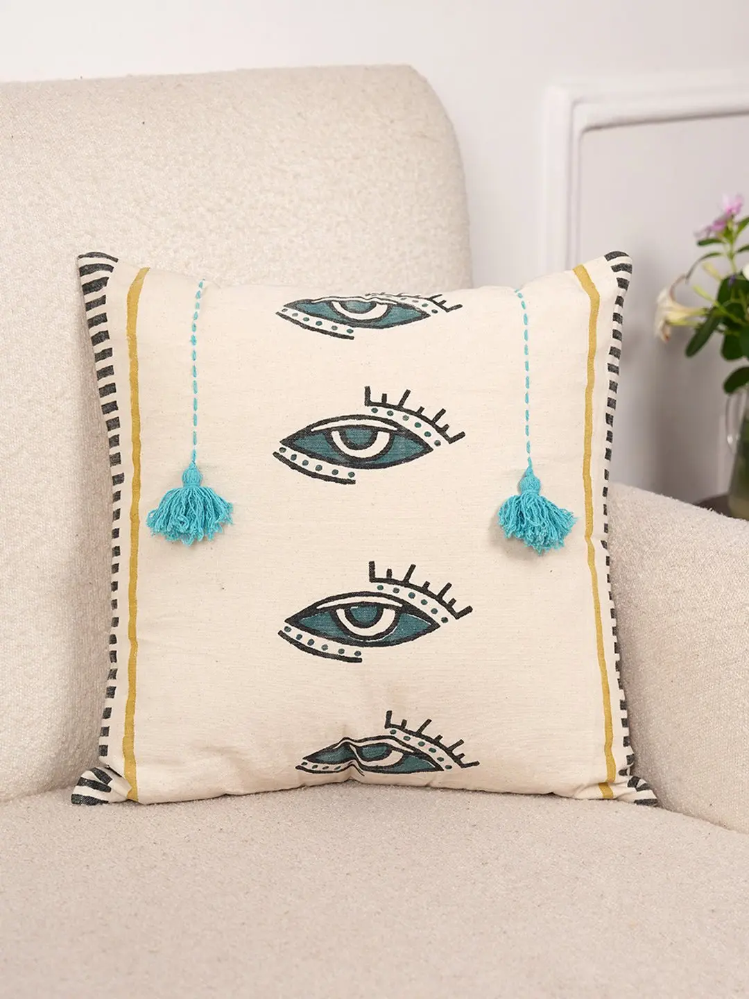 Mystical Gaze & Tassel - Block Printed Square Cushion Cover 3