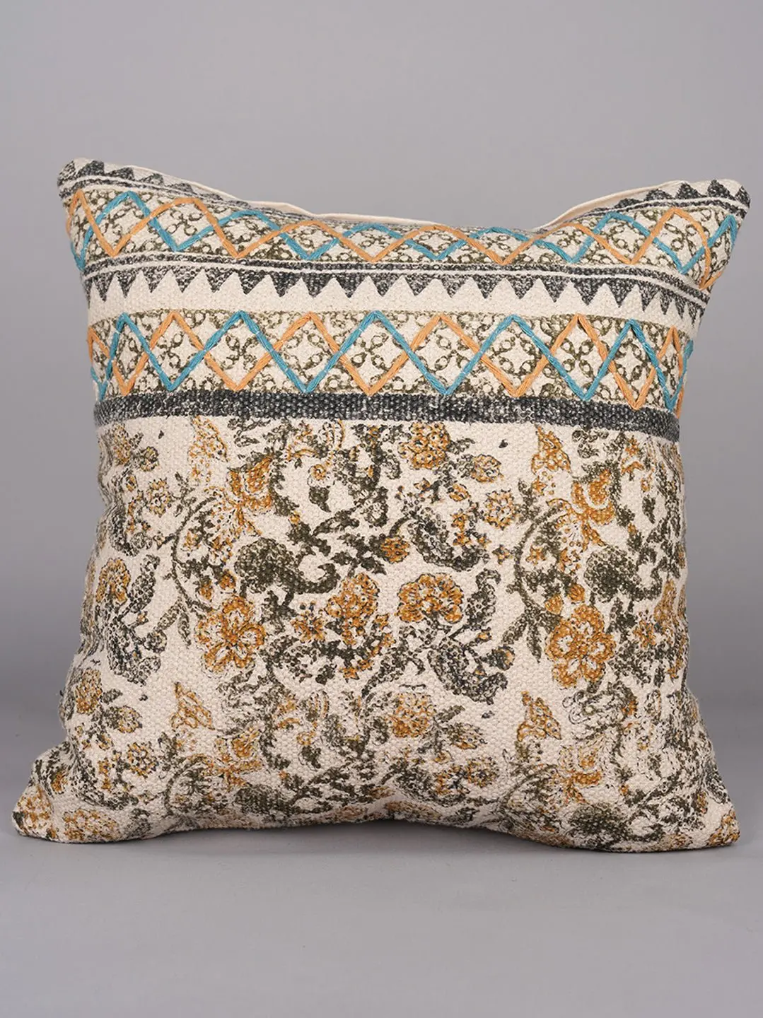 Artful Petal Whispers - Block Printed Square Cushion Cover 1