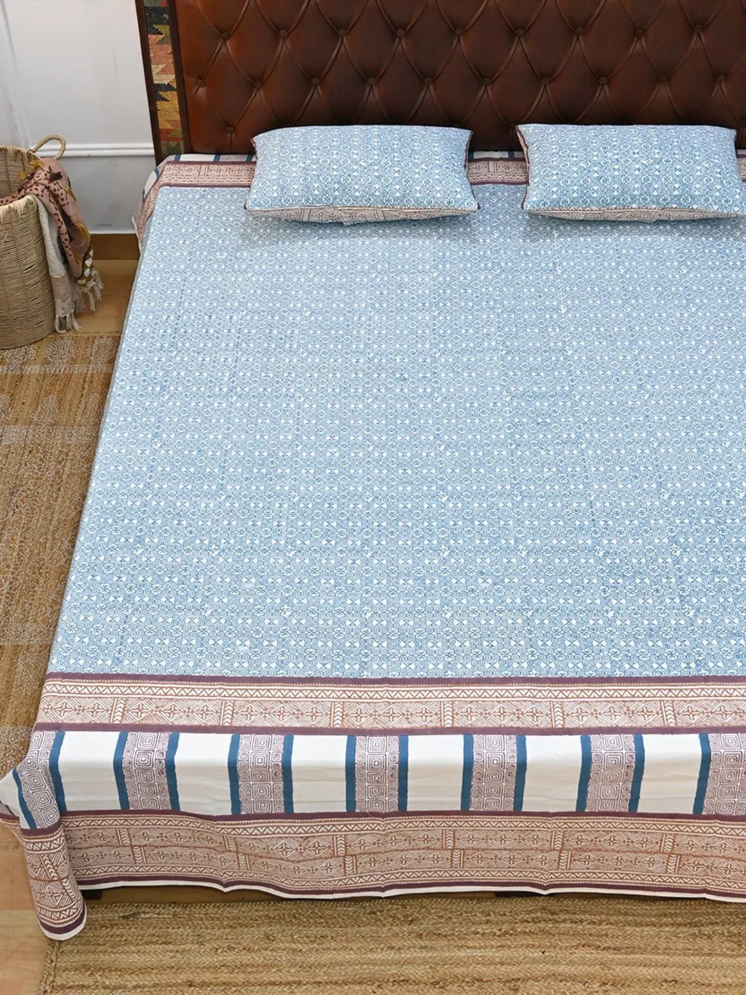 Spiral Sea Blue  Cotton Block Printed Double Bedsheet With Pillow 1