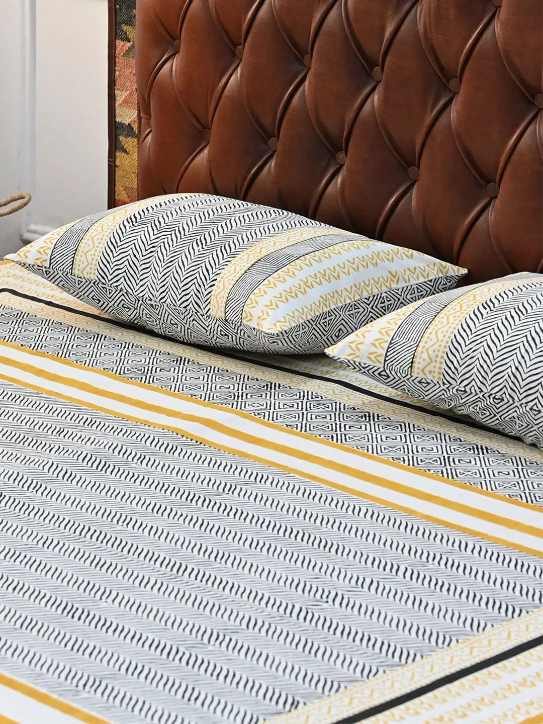 Lineup Geometric Cotton Block Printed Double Bedsheet With Pillow 3
