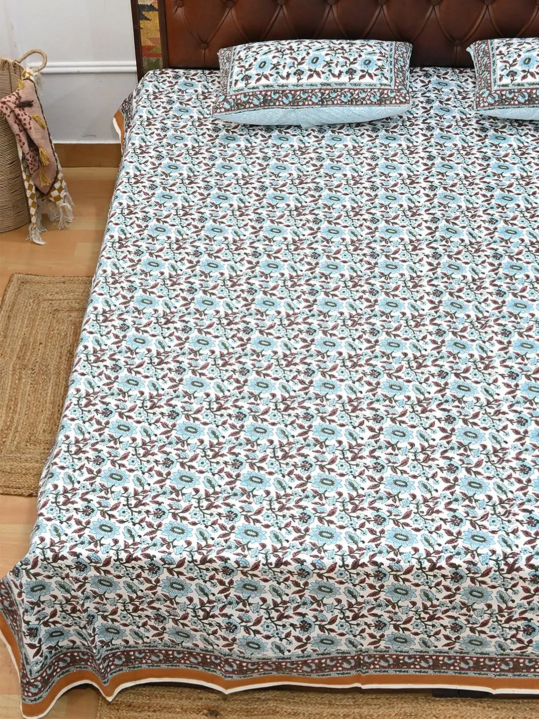 Tropicana Blue Cotton Block Printed Double Bedsheet With Pillow 1