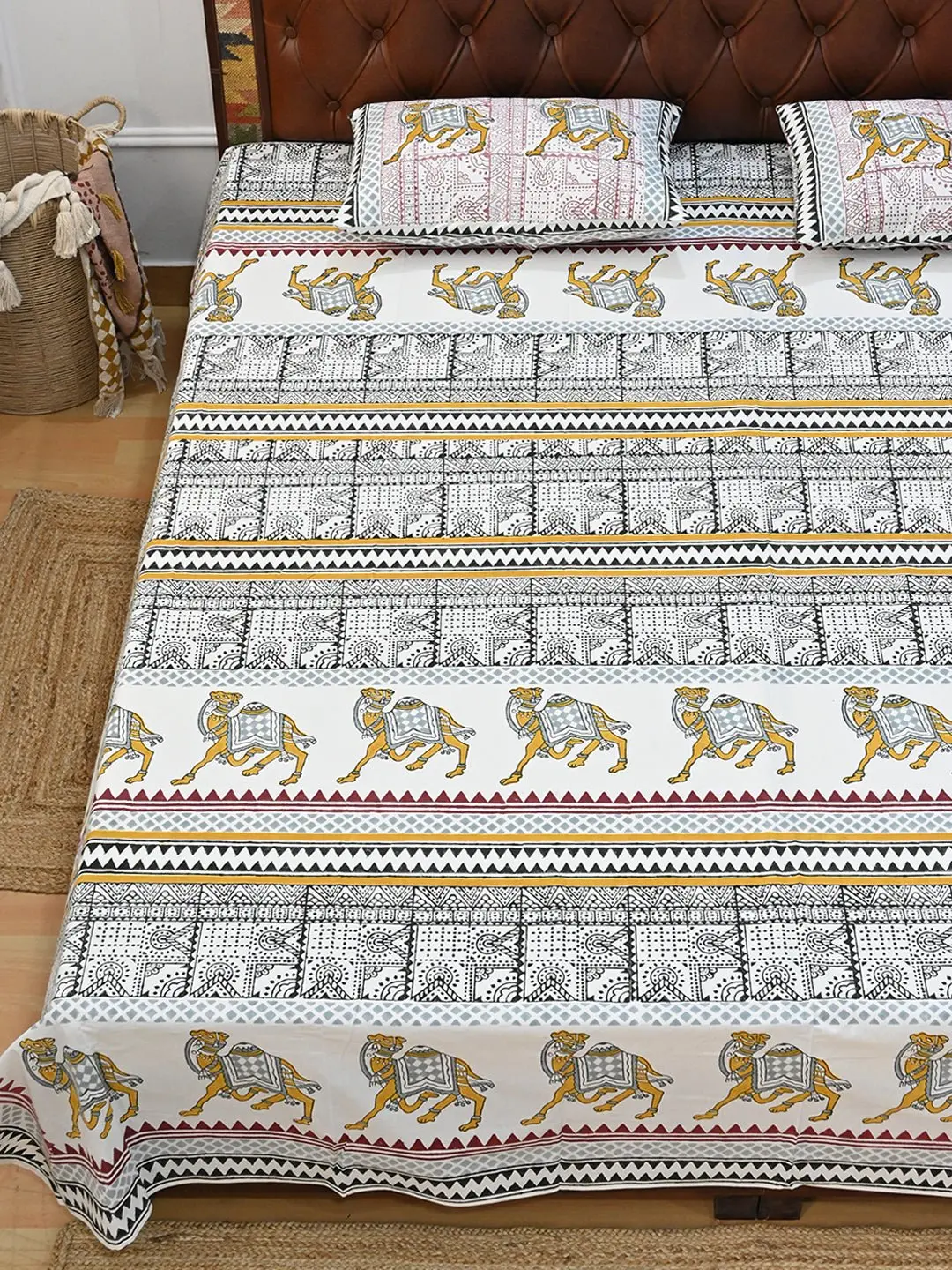Traditional Camel Cotton Printed Double Bedsheet With Pillow 1