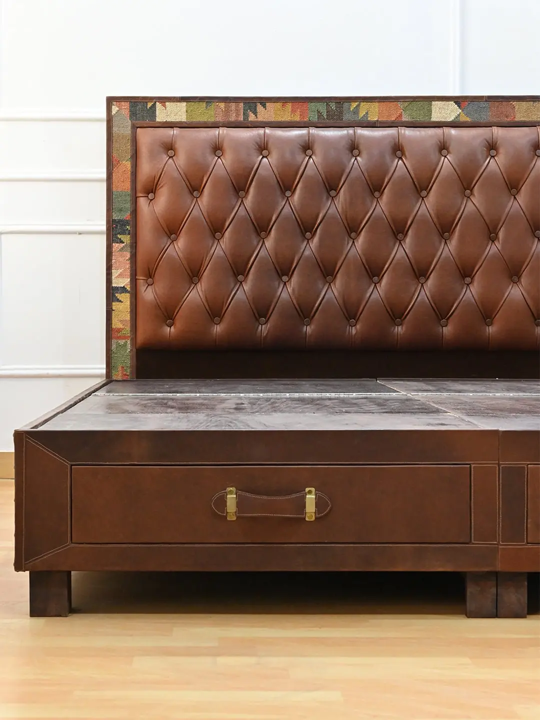 Carus- Wooden Double Bed With Kilim & Leather 1