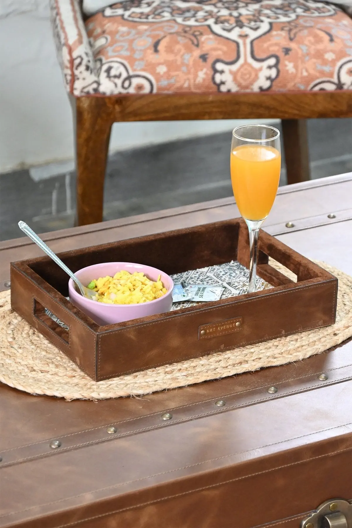 Carroty - Leather & Cotton Printed Durrie Tray 1