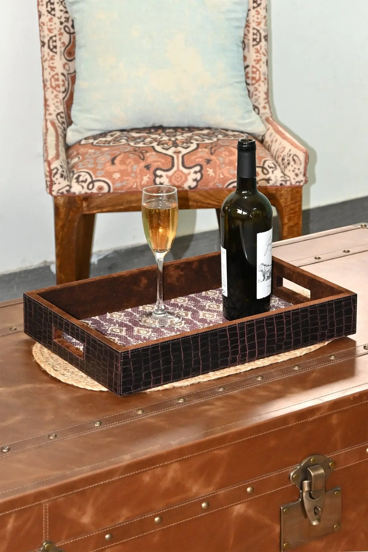Marxist - Leather & Cotton Printed Durrie Tray 1
