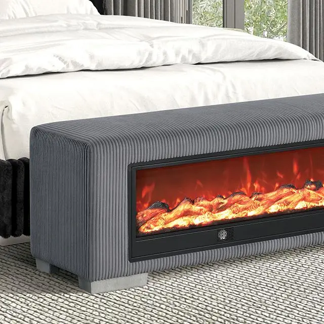 Elnath Bench W/ Visual Wood Log Fireplace Gray 1