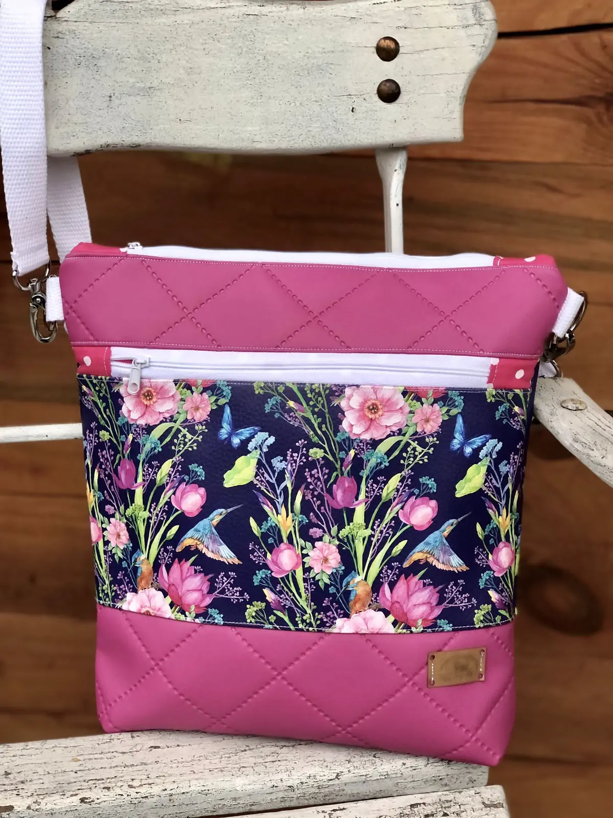 Schultertasche Pink Blumenwiese Gesteppt 1