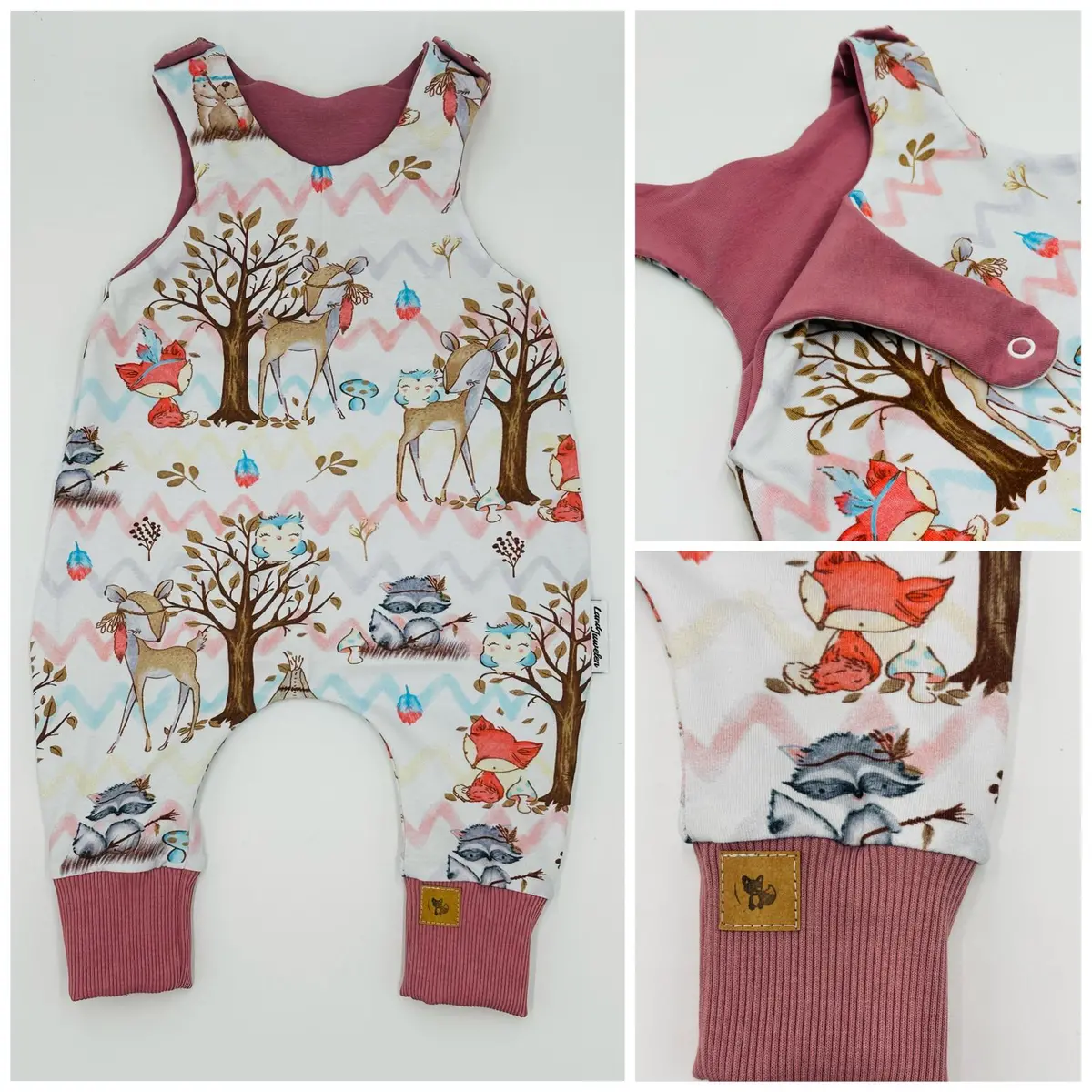 Strampler Boho Waldtiere Weiß Altrosa 1