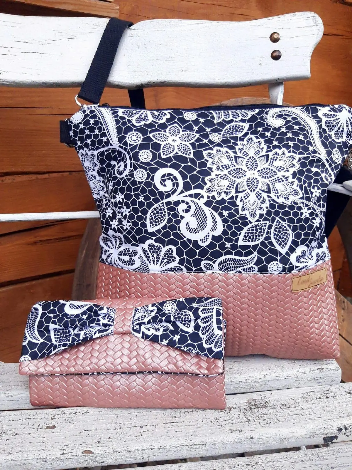 Set: Tasche + Geldbörse Zopf Kunstleder Ornamente Schwarz 1
