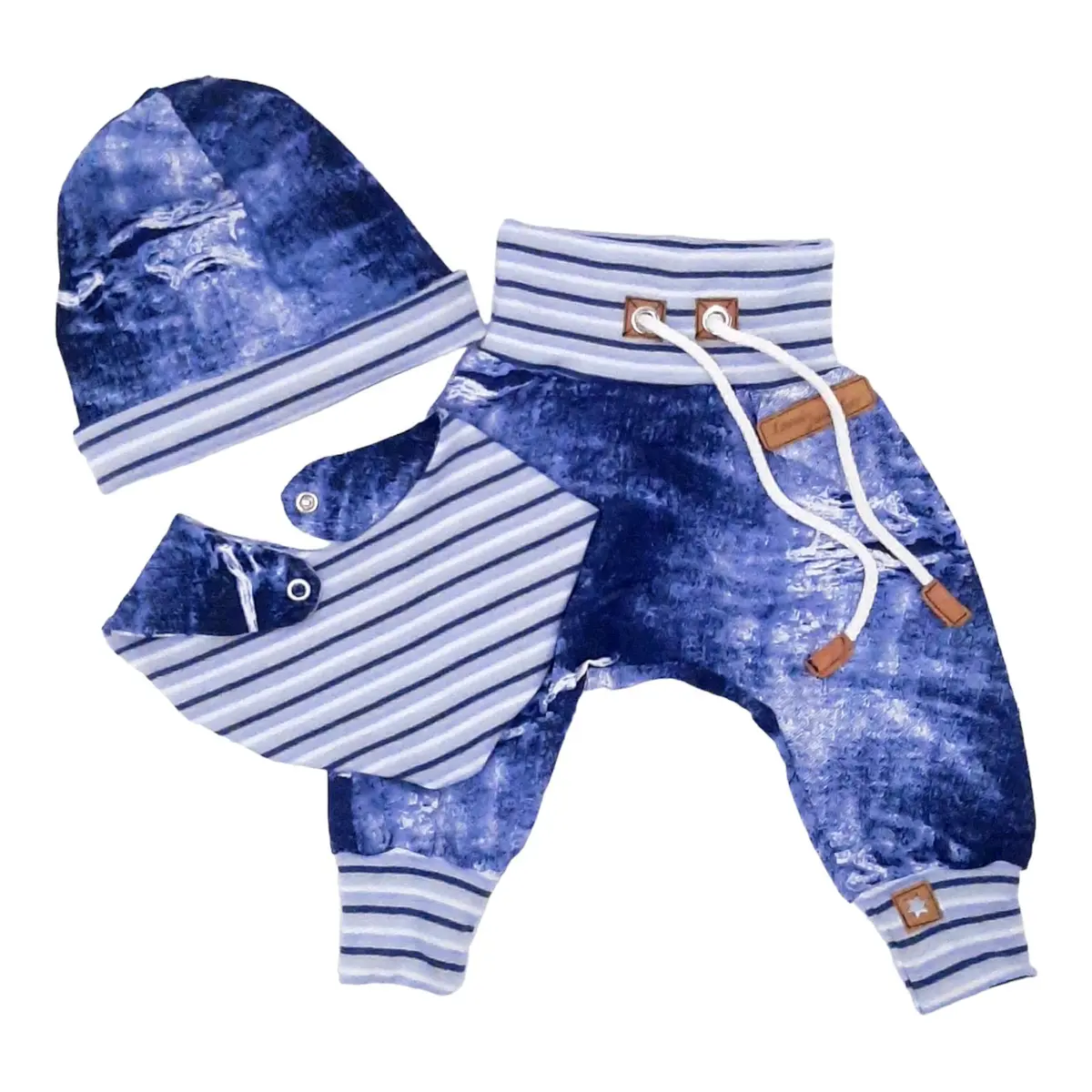 3Er Set Jeanslook Blau Gestreift Pumphose Mütze Tuch 1