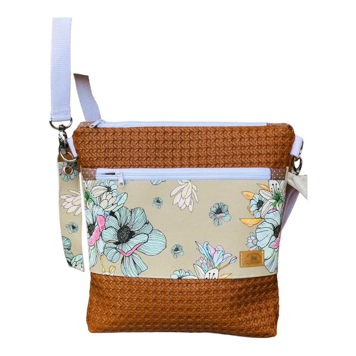 Schultertasche Blumen Braun Geflochten 1
