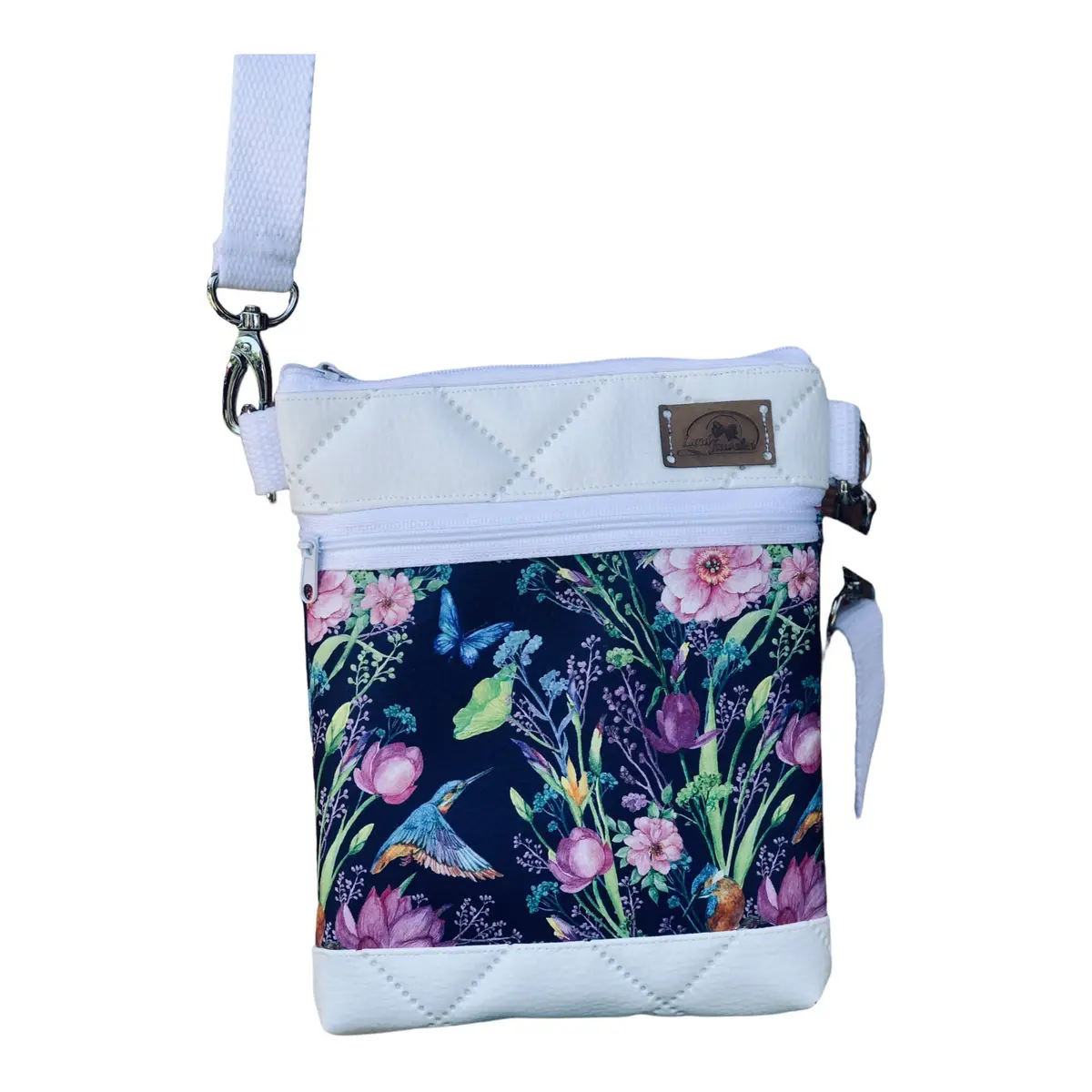 Kleine Crossbag Umhängetasche Bunte Blüten Weiß 1
