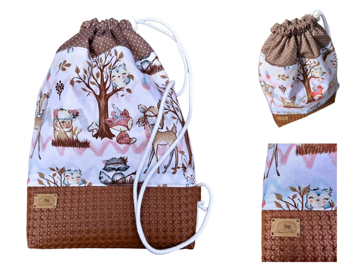 Turnbeutel Boho Weiß Braun | Umhängebeutel Kunstleder Rucksack Für Sie | Vintage Stoffbeutel Geschenkidee 1