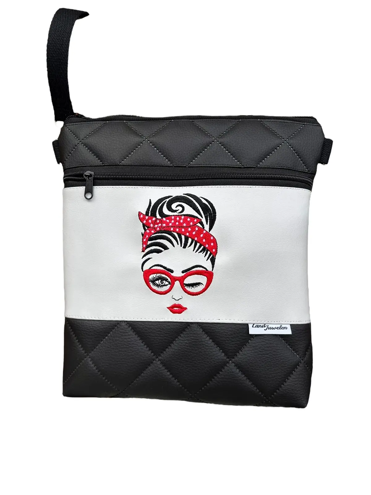 Bestickte Crossbag Schwarz Weiß Frau Rockabilly / Geschenk Für Die Frau 1