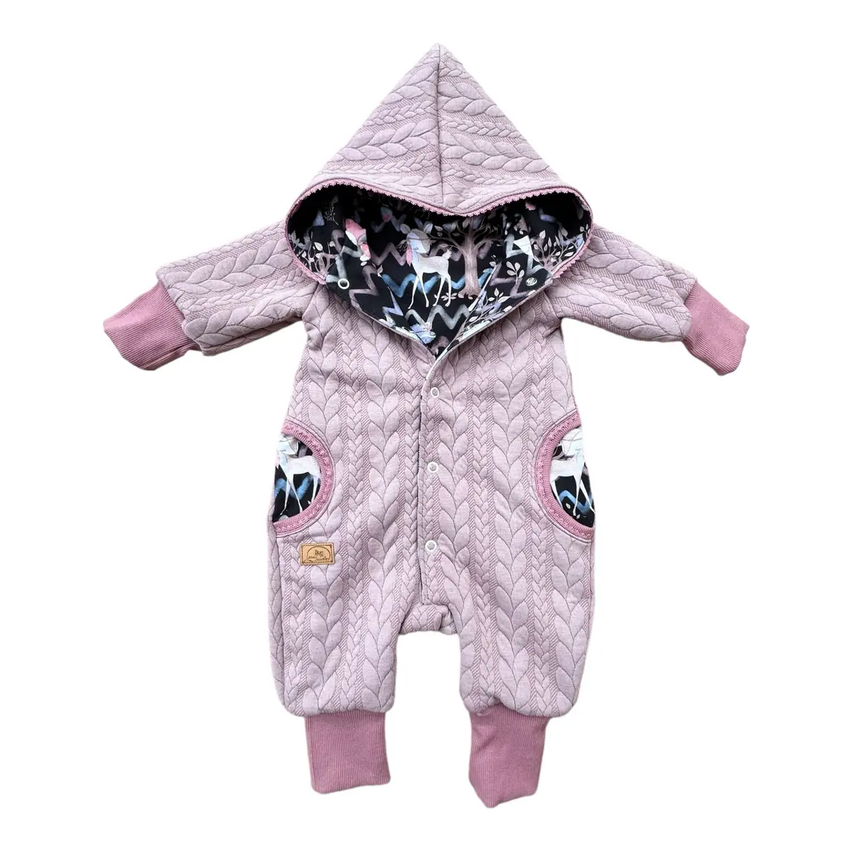 Overall Mit Zopfmuster Altrosa Boho Waldtiere Schwarz Babygeschenk Jacke Taufe 1