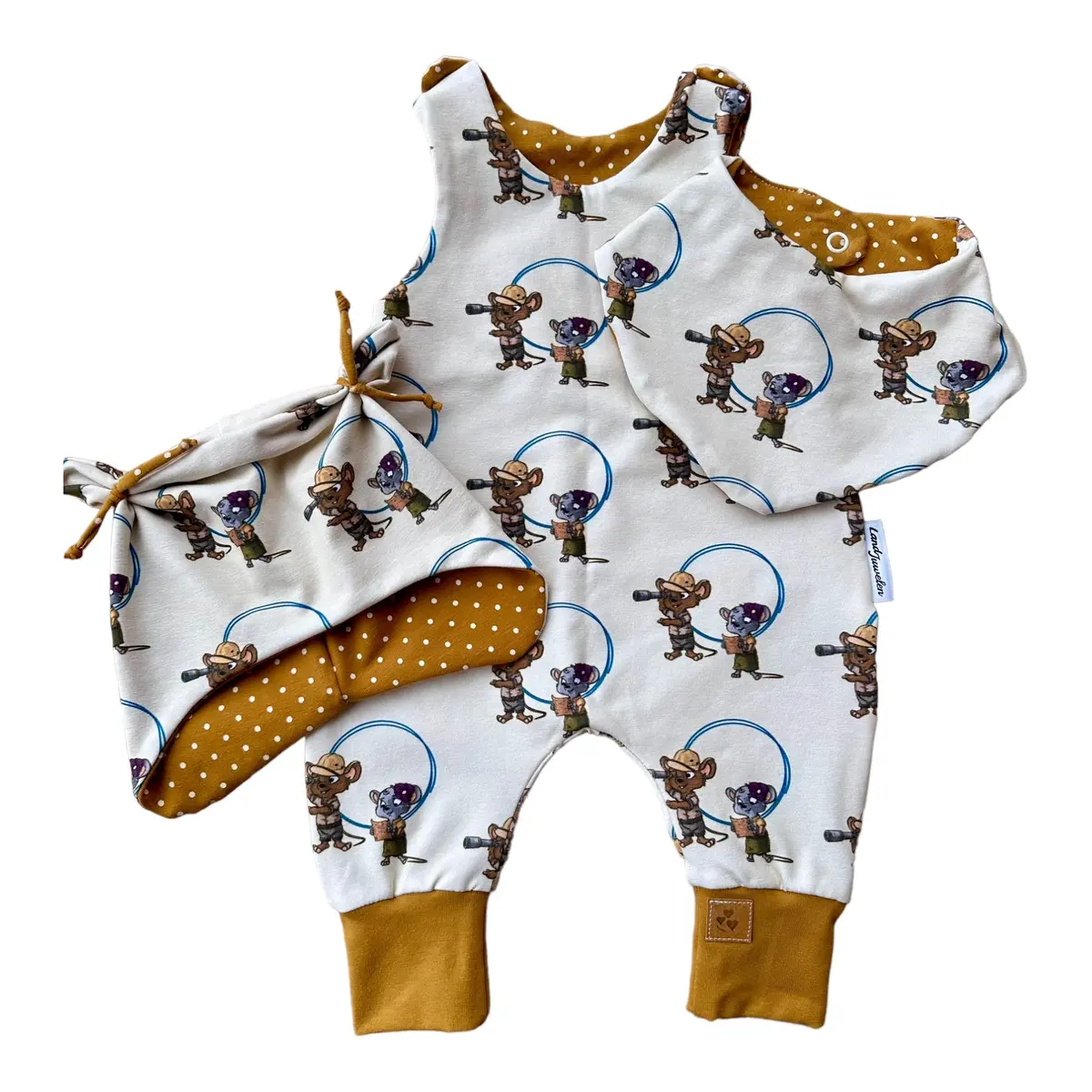 3Er Set "Die Bademeusel" Creme Beige Mütze Strampler Tuch 1