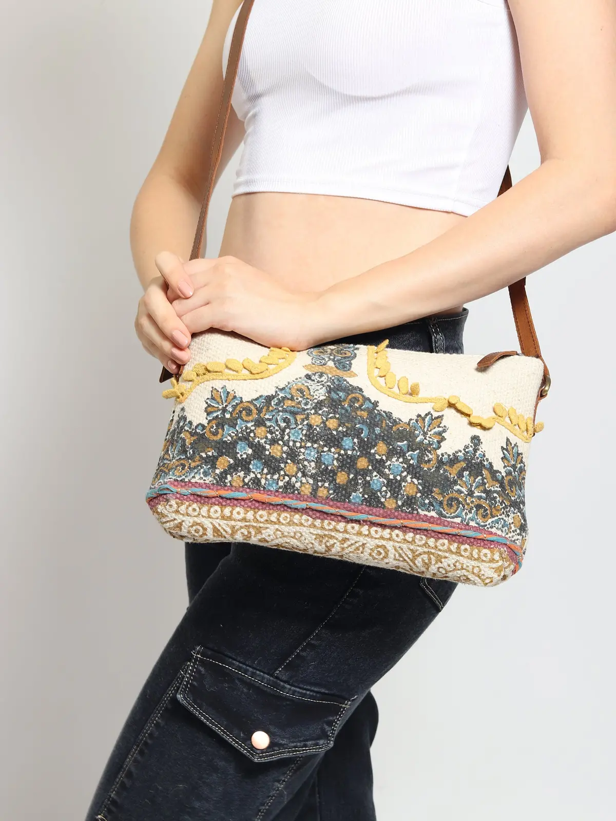 Danian - Cotton Printed & Leather Sling Bag 1