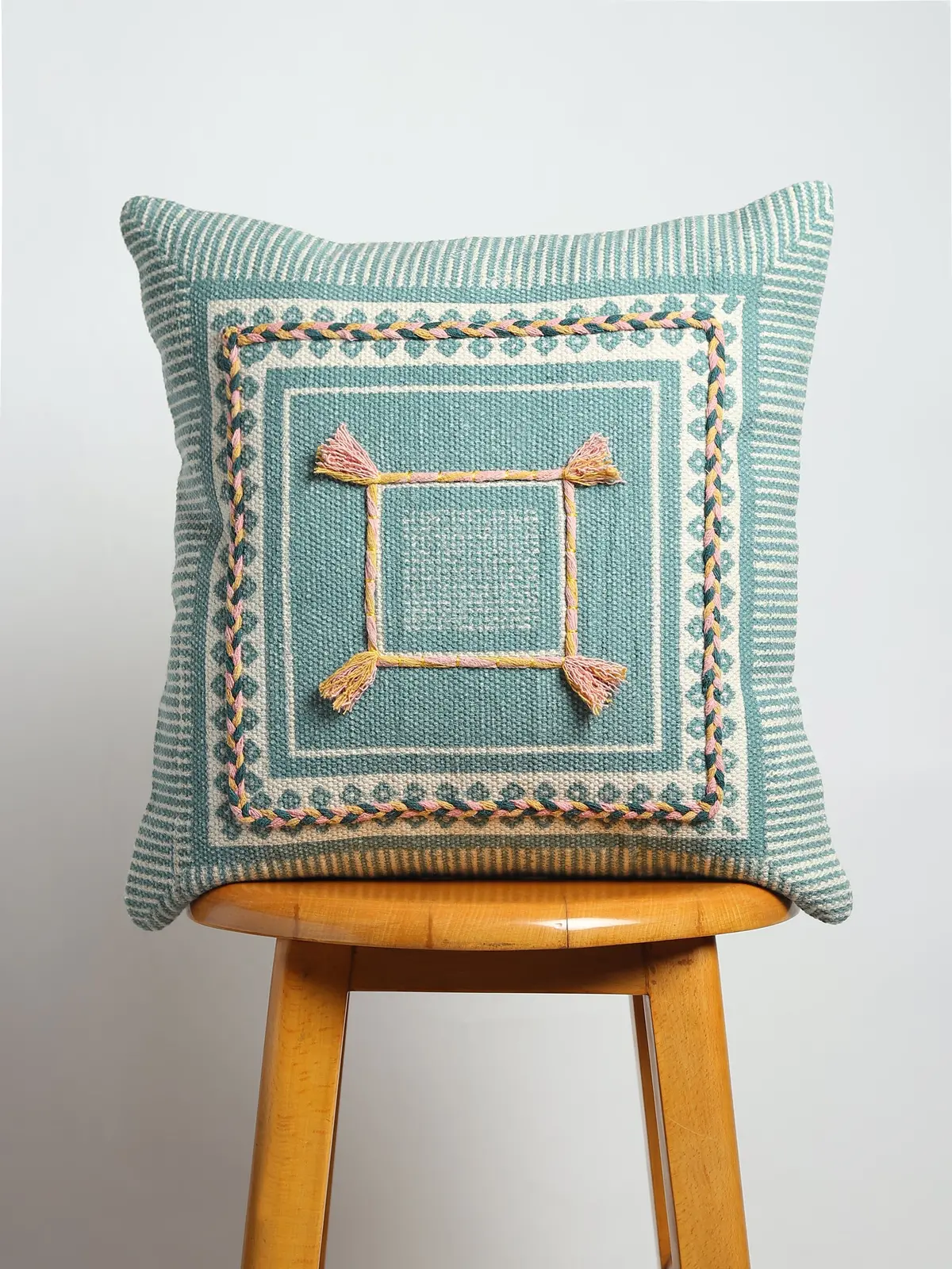 Aella - Block Printed Embroidery Square Cushion Cover 1