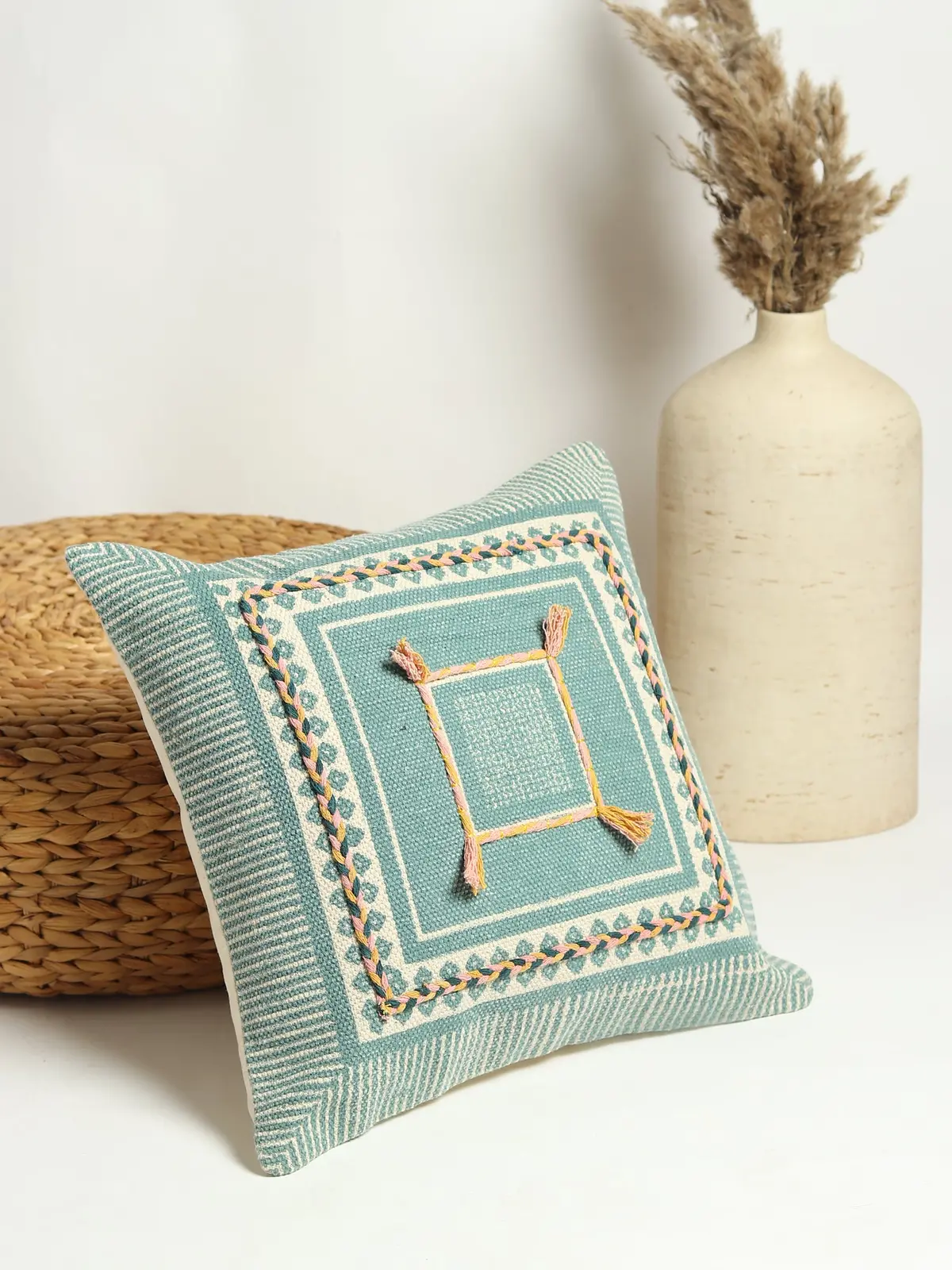 Aella - Block Printed Embroidery Square Cushion Cover 2