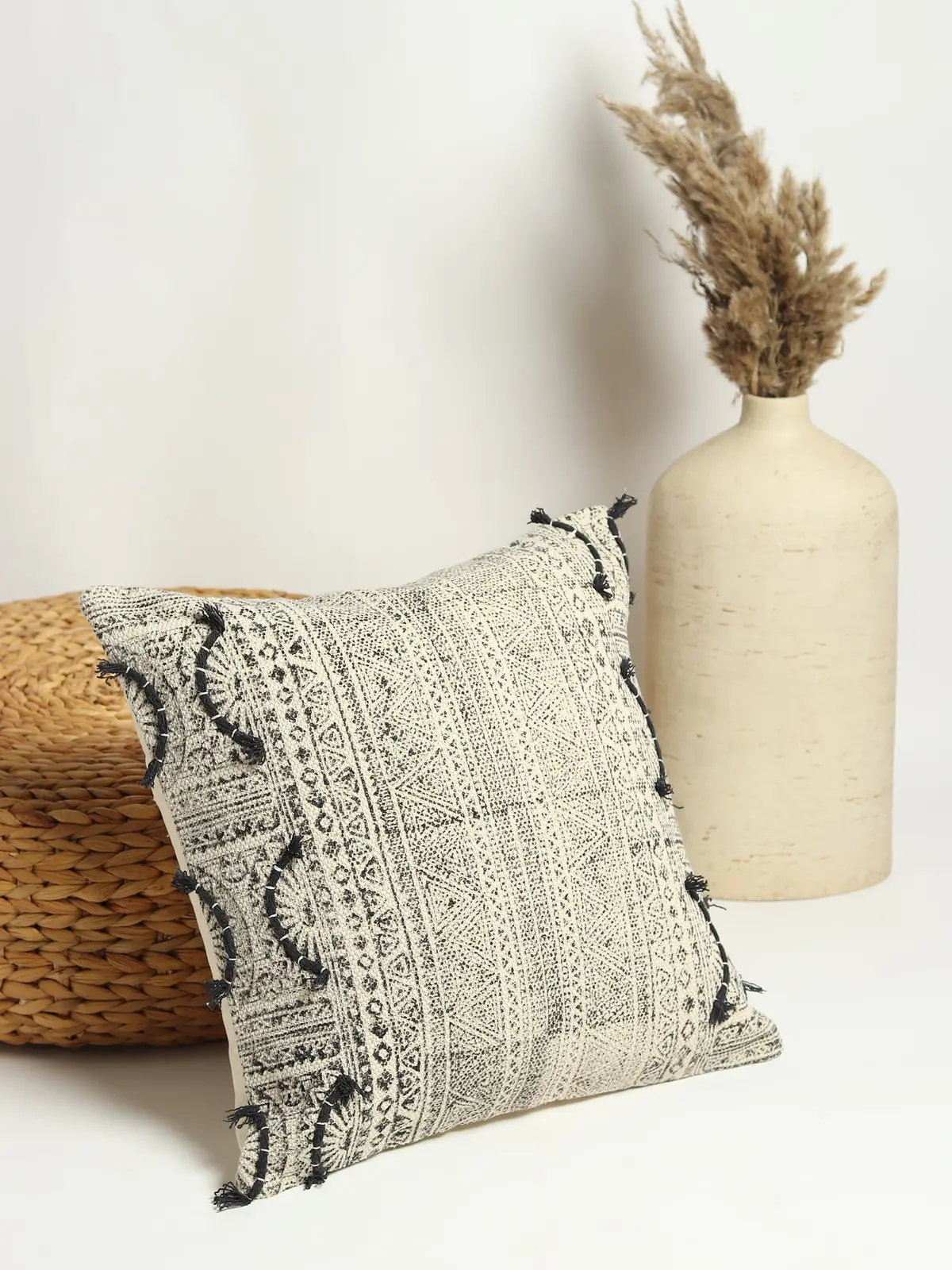 Charcoal Whimsical Haven - Block Printed Square Cushion Cover 1