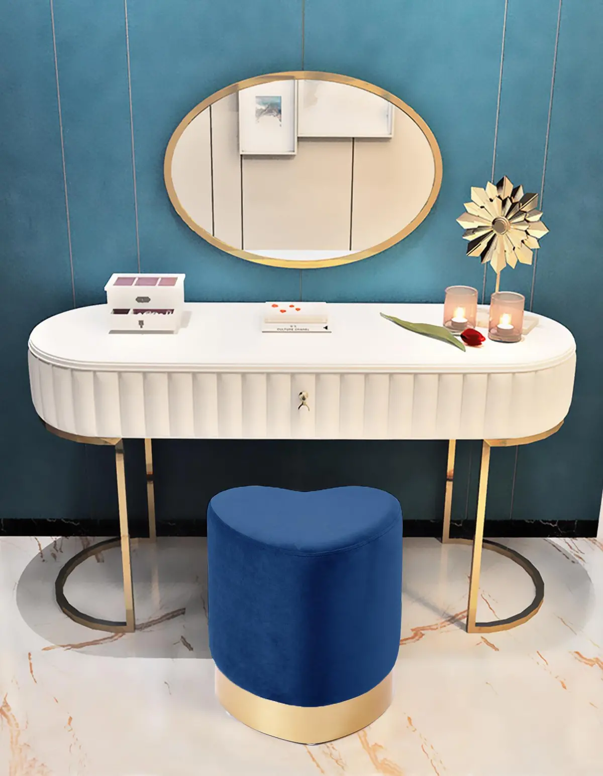 Heart Navy Velvet Ottoman/Stool 2