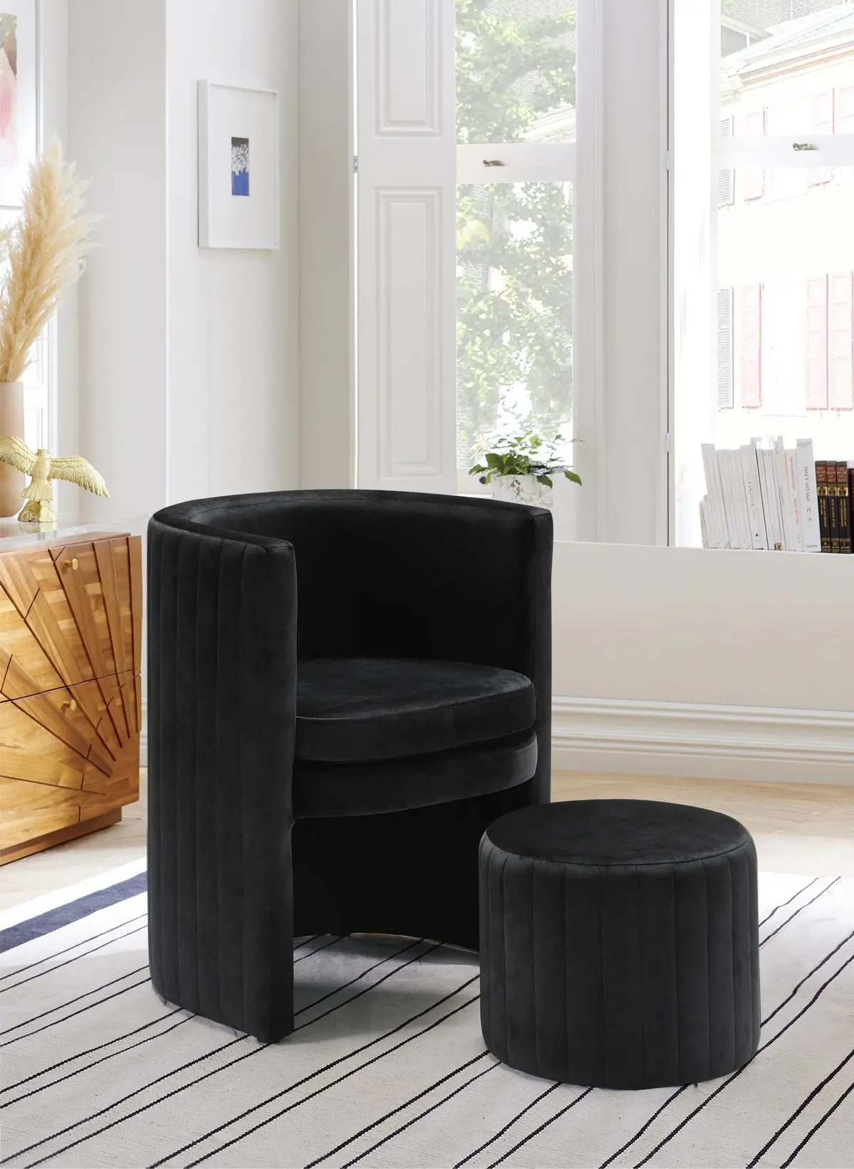 Selena Black Velvet Accent Chair And Ottoman Set 2
