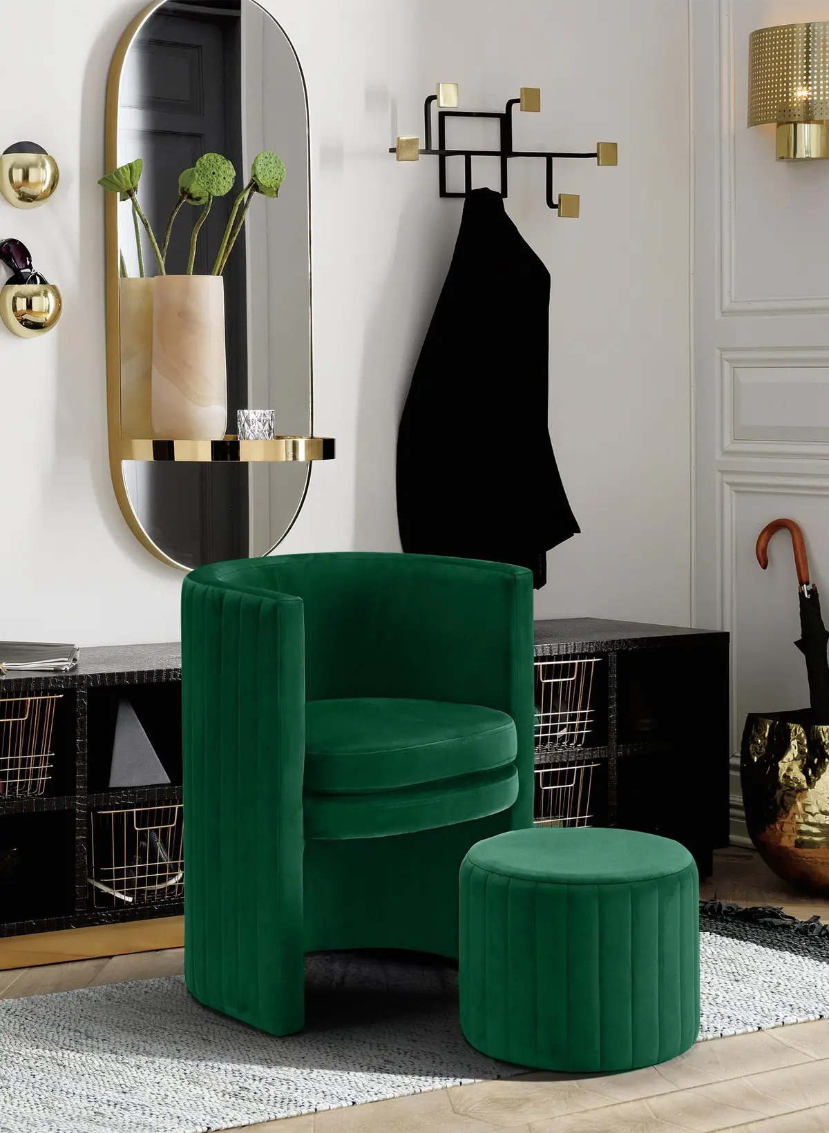 Selena Green Velvet Accent Chair And Ottoman Set 2