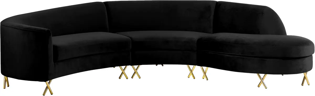 Serpentine Black Velvet 3Pc. Sectional 1
