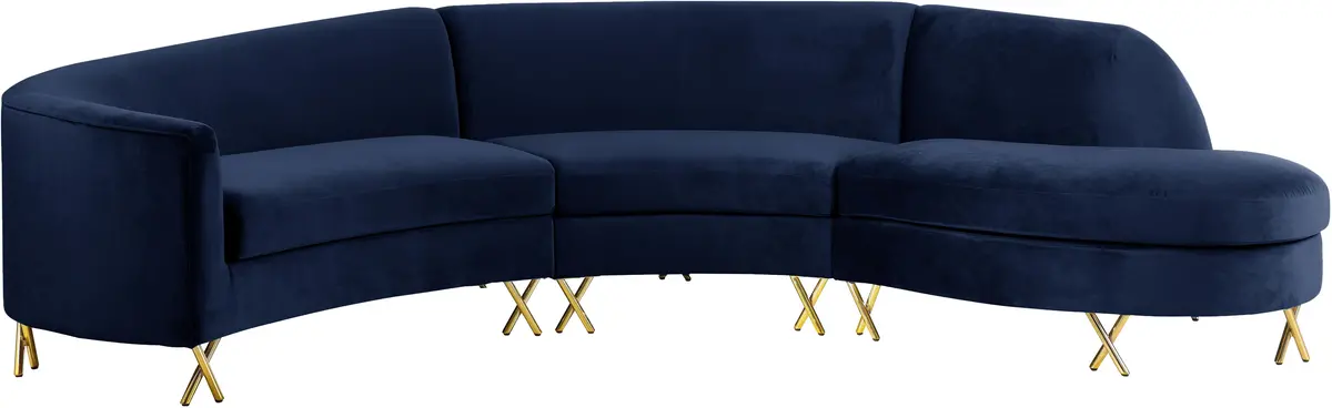 Serpentine Navy Velvet 3Pc. Sectional 1