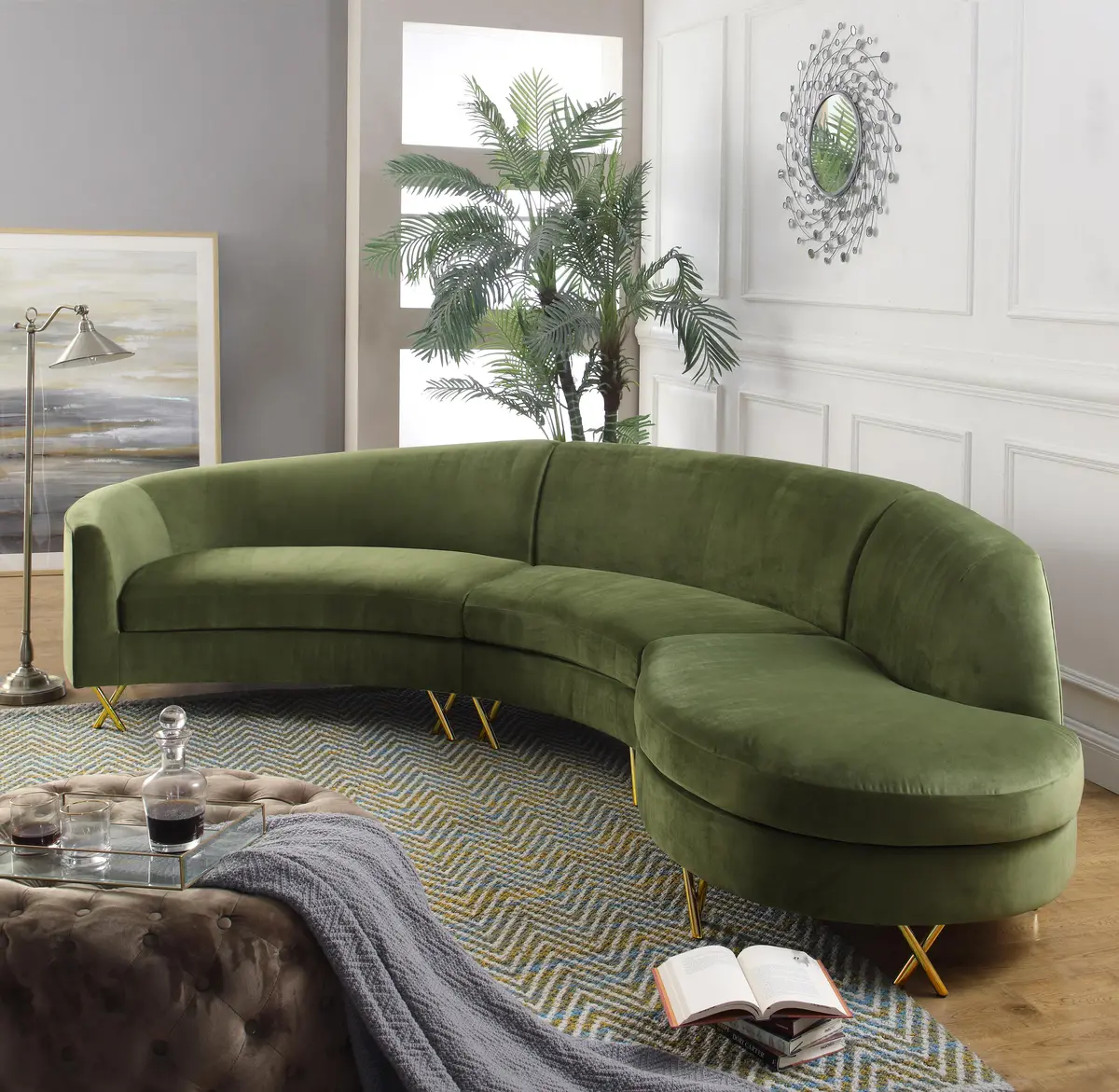 Serpentine Olive Velvet 3Pc. Sectional 2