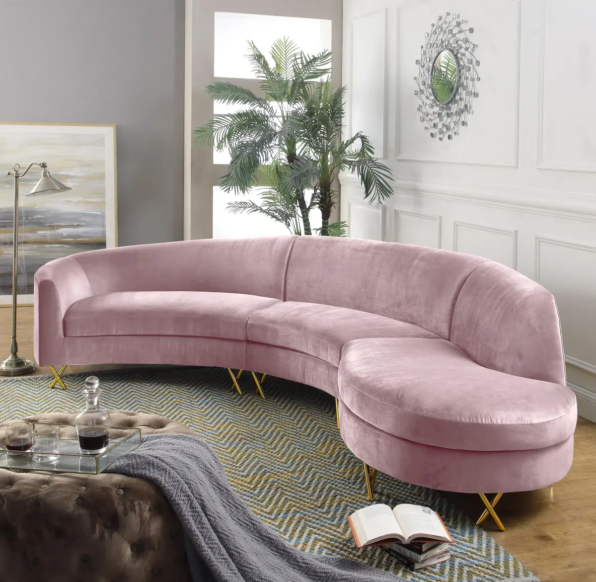 Serpentine Pink Velvet 3Pc. Sectional 2