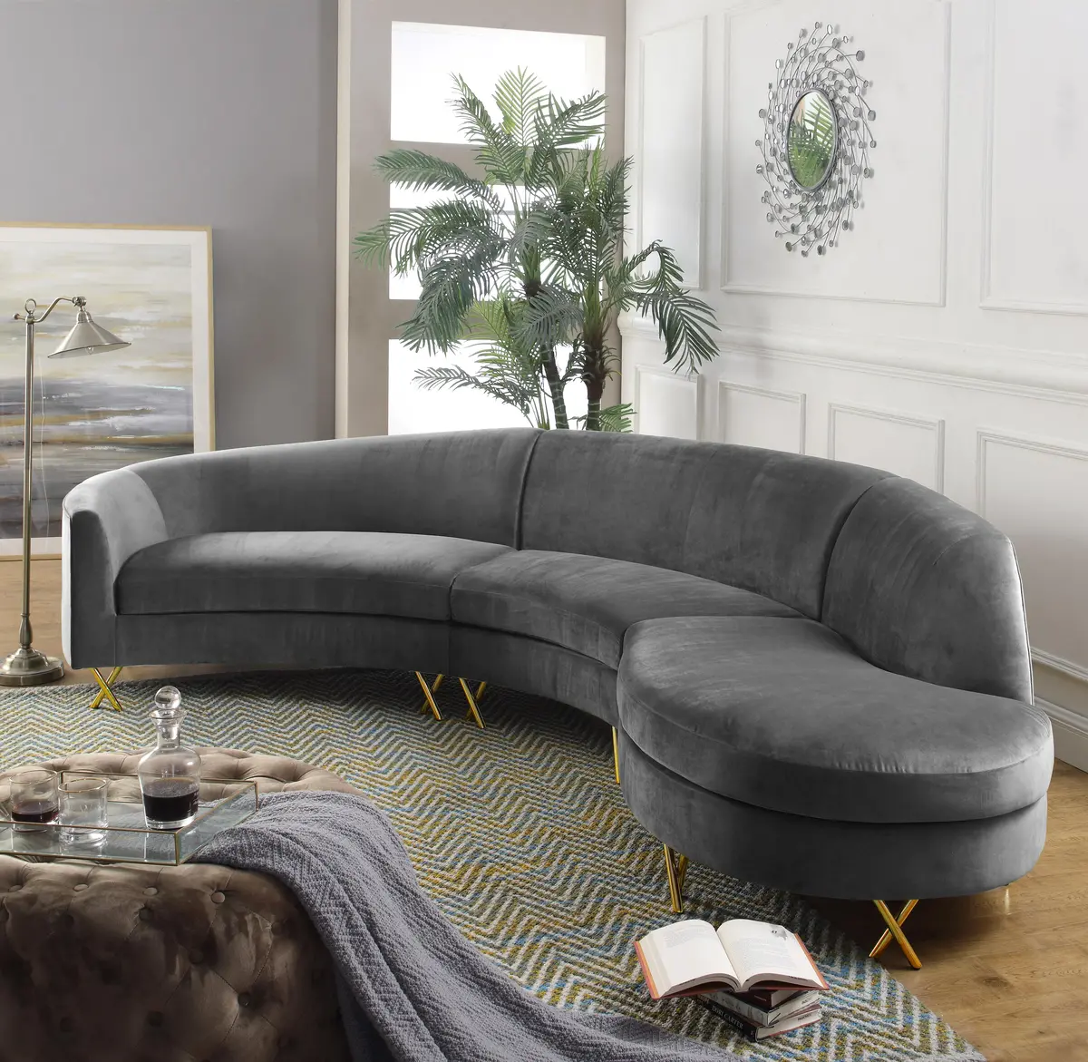 Serpentine Grey Velvet 3Pc. Sectional 2