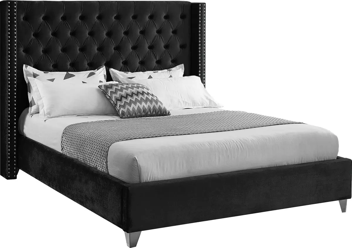 Aiden Black Velvet Queen Bed 1