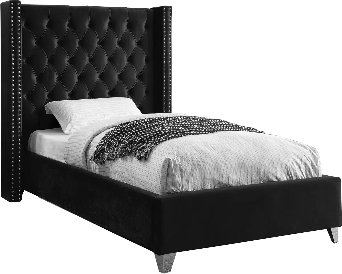 Aiden Black Velvet Twin Bed 1