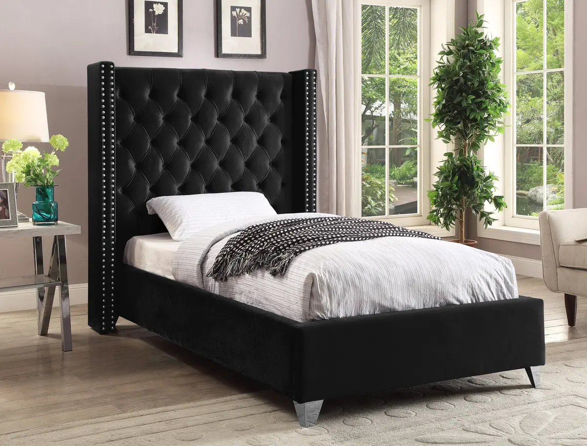 Aiden Black Velvet Twin Bed 2