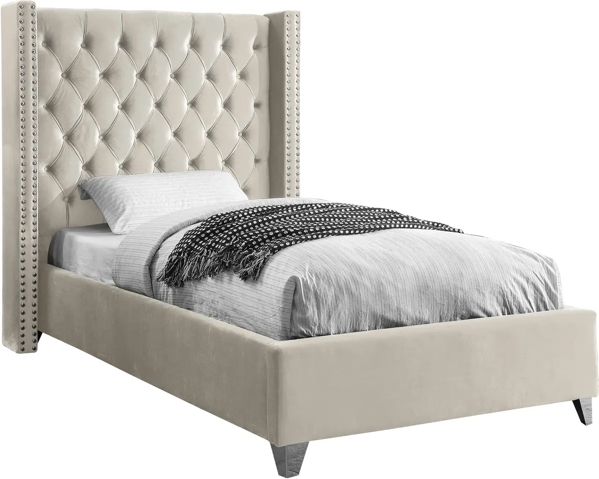 Aiden Cream Velvet Twin Bed 1
