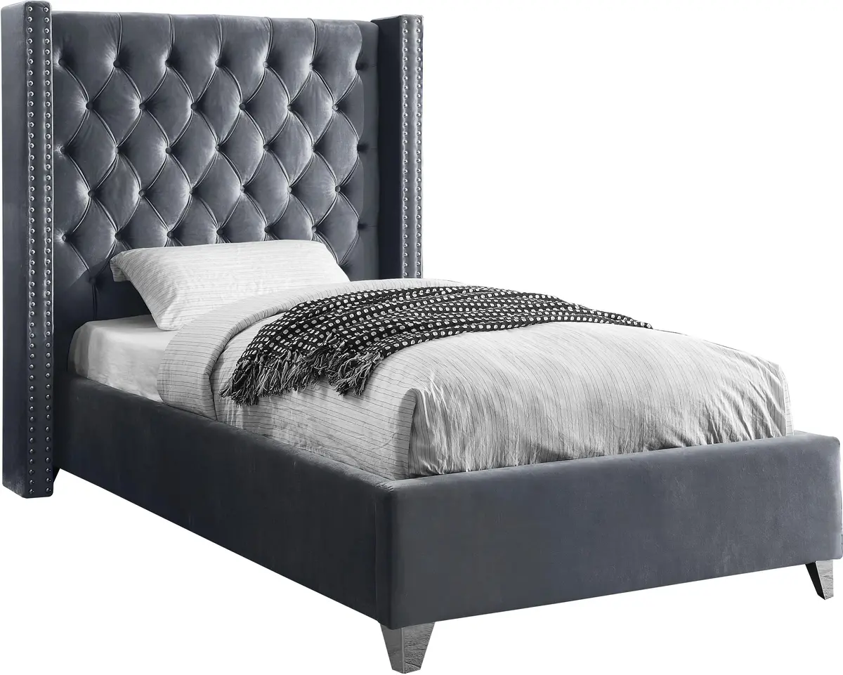 Aiden Grey Velvet Twin Bed 1