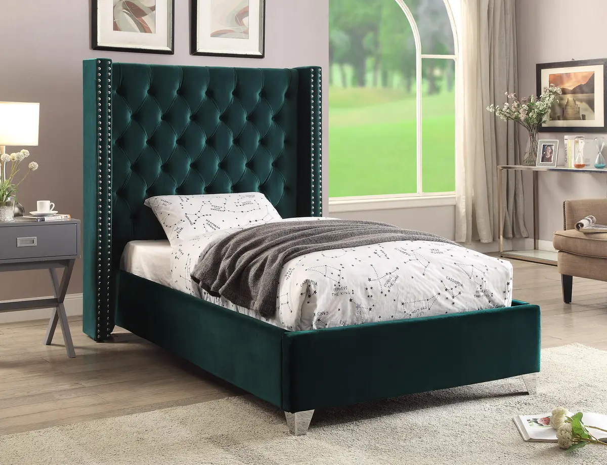 Aiden Green Velvet Twin Bed 2