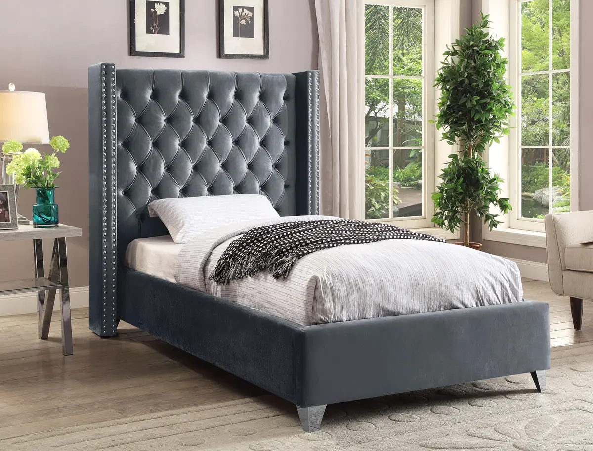 Aiden Grey Velvet Twin Bed 2