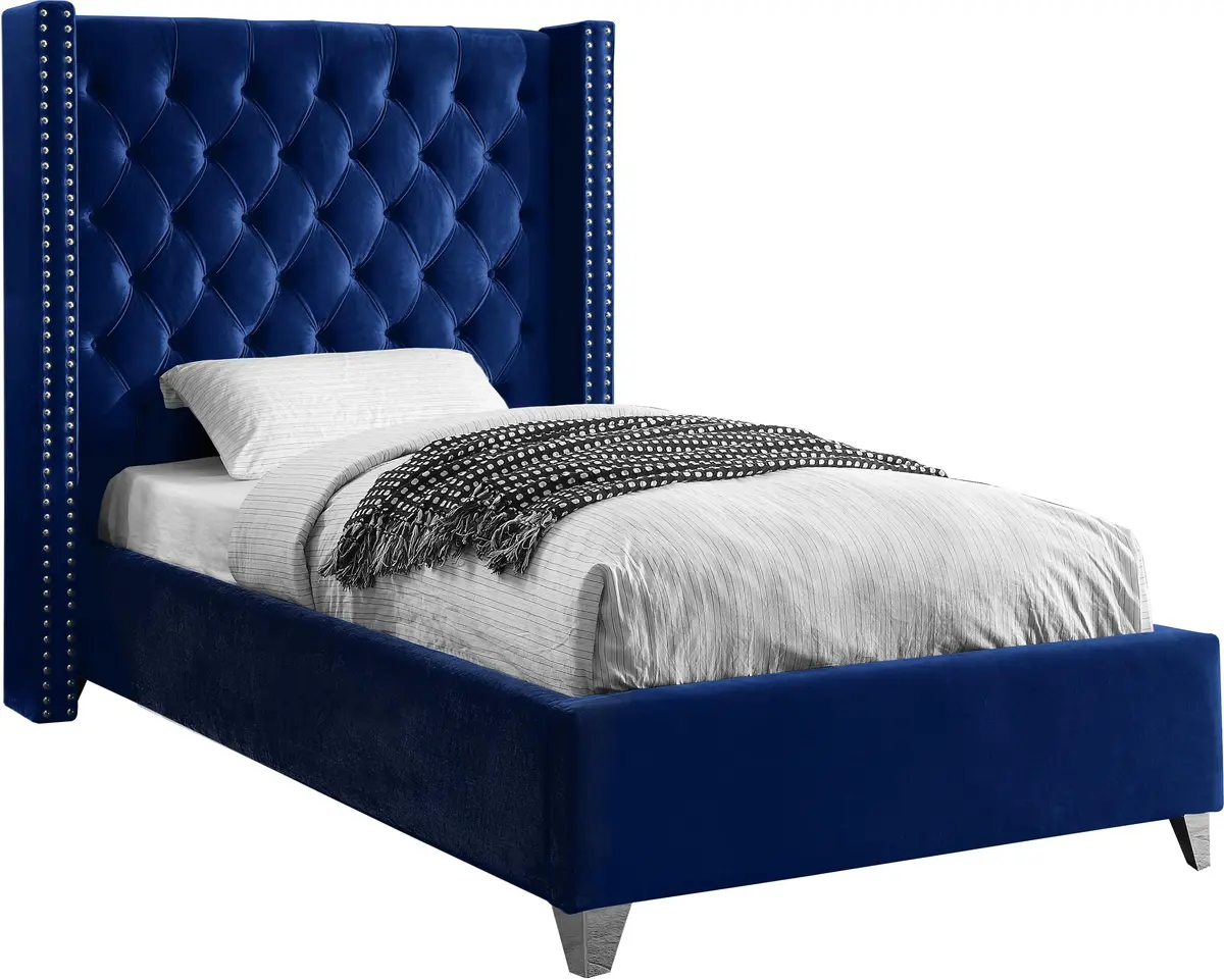 Aiden Navy Velvet Twin Bed 1