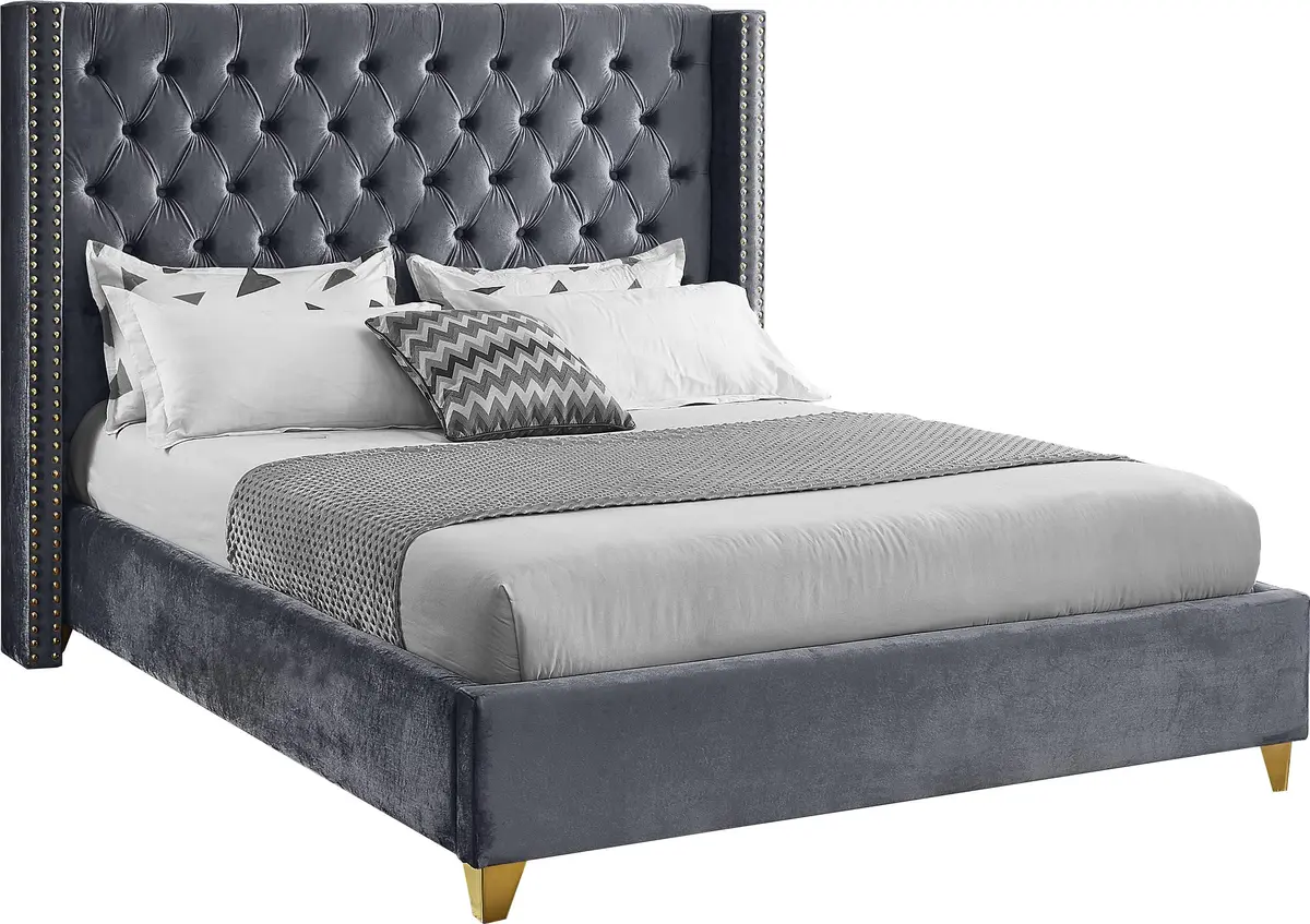 Barolo Grey Velvet Queen Bed 1