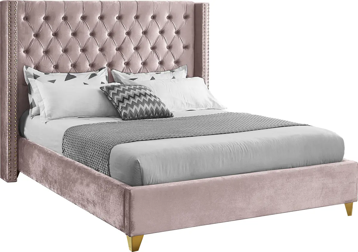 Barolo Pink Velvet Queen Bed 1